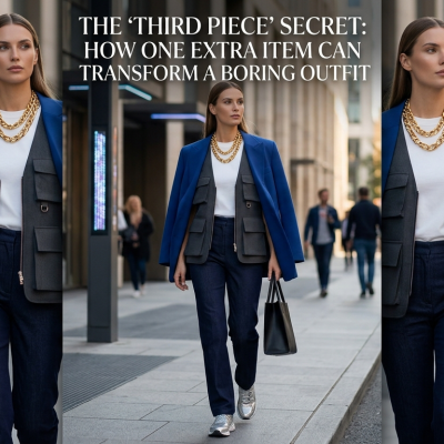 A professional model wearing a blue blazer and grey tech-vest over a minimalist white top, demonstrating the 'Third Piece' styling rule on a city street.